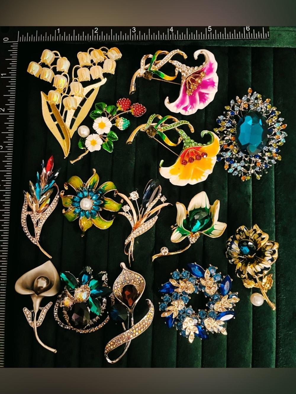 Vintage Style Rhinestone Ename Brooch Lot 14 Calla Lily Flower Pins Statement